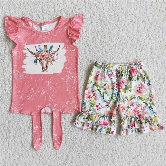 Pink flower Heifer exquisite ruffles Shorts sets