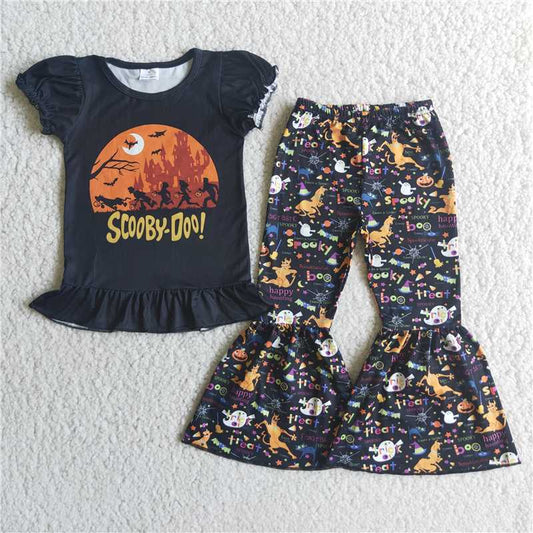 E4-27 Halloween dog short tee shirt top bell bottom pants sets