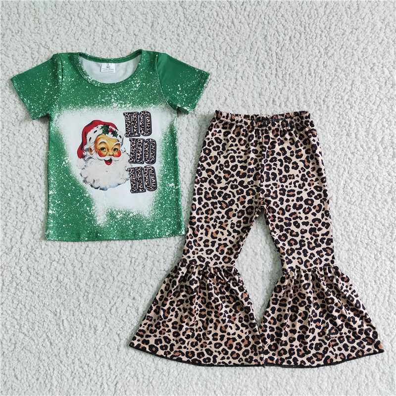 D1-5  Children Christmas hohoho green leopard bell pants clothing sets