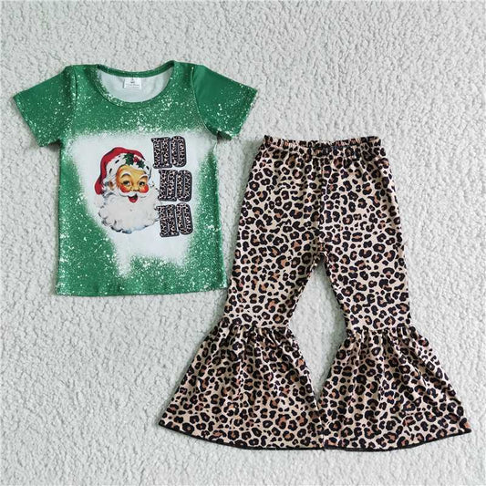 D1-5  Children Christmas hohoho green leopard bell pants clothing sets