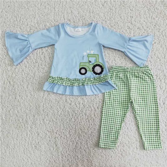 6 B2-37Tractor print shirt plaid leggings girls farm set