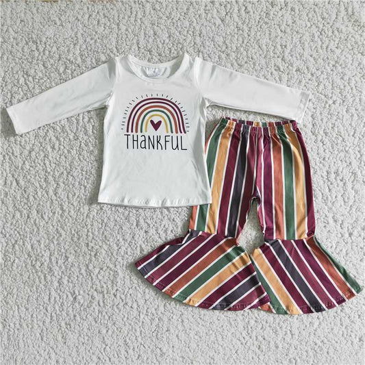 6 A6-16Thankful rainbow shirt stripe pants girls Thanksgiving outfits