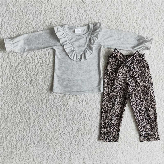6 A25-19Grey long sleeve top leopard pants cute baby girls clothing sets