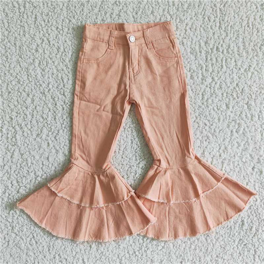 E12-28  Baby Girls pink double ruffle denim jeans pants