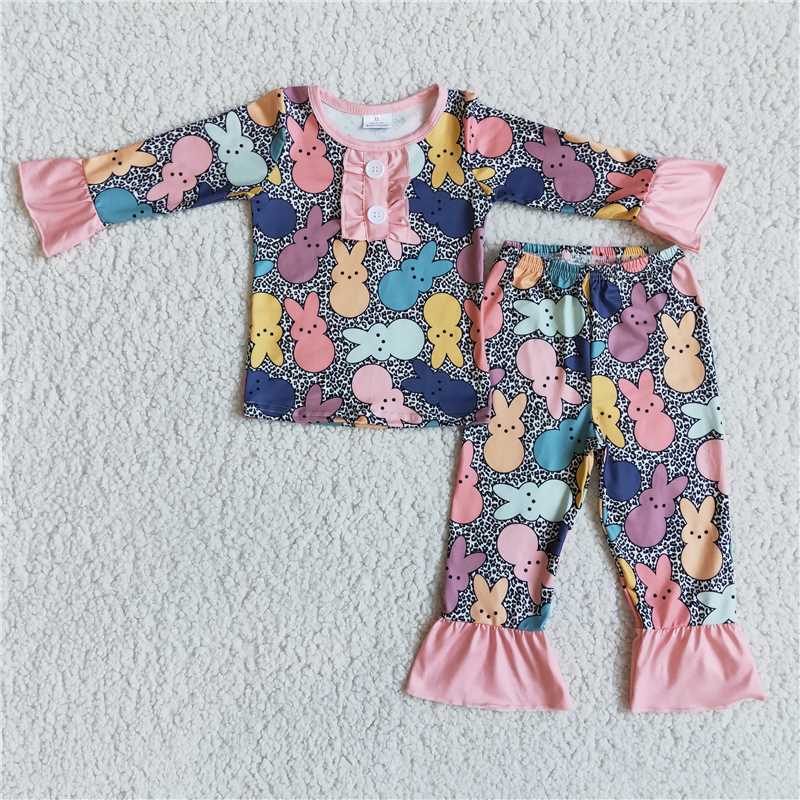 6 A29-18 Bunny print leopard girls ruffle easter pajamas