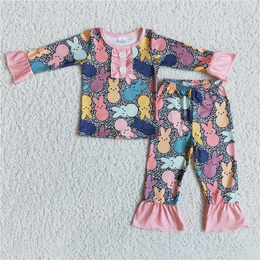 6 A29-18 Bunny print leopard girls ruffle easter pajamas