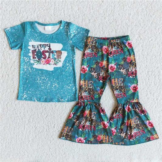 B2-12  Baby girls easter green color bleached cross bell pants clothing sets