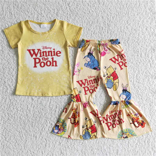 GSPO0014 Winnie the pooh yellow short-sleeved bell-bottom pants suit