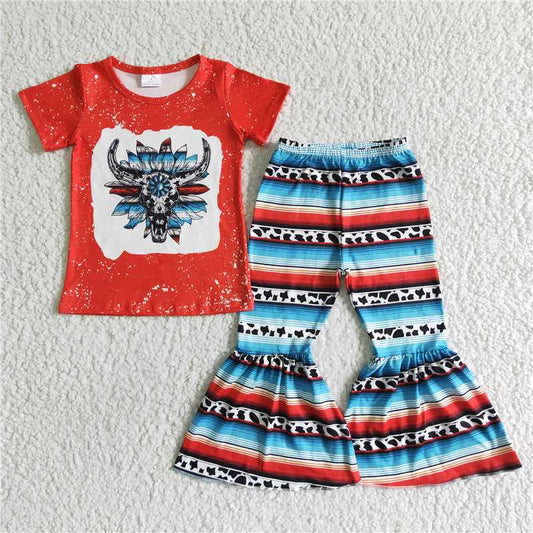 GSPO0052 Red bull head short-sleeved shirt and blue and red cow striped flared pants suit