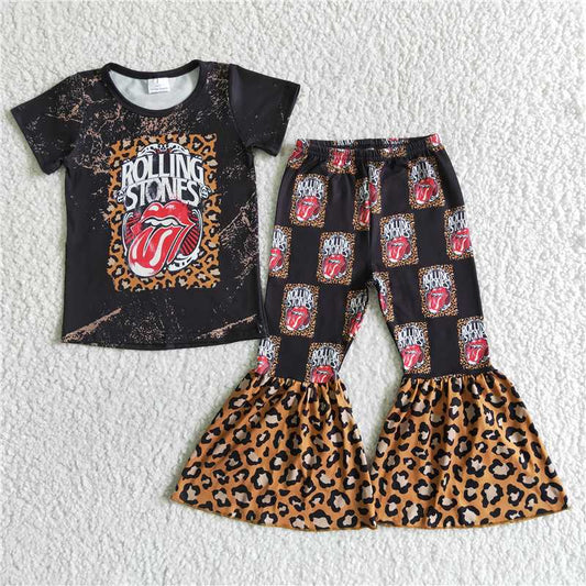 GSPO0012 rolling stones leopard print red lips short sleeve flared pants