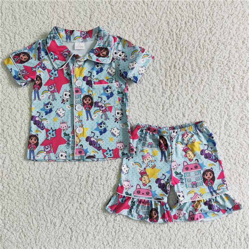 GSSO0014Cute cat short sleeve shirt ruffle shorts girls summer pajamas