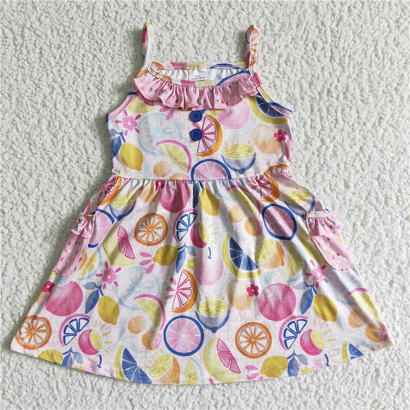 GSD0026 Baby girls summer strap fruit knee length ruffle dresses