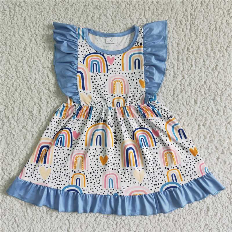 GSD0016 Blue polka dot small flying sleeve dress