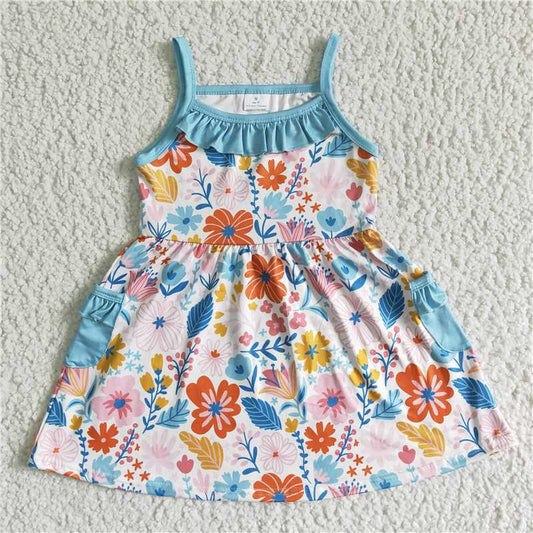 GSD0077 Girls blue suspender flower pocket skirt