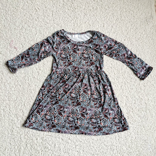 9.29 RTS NO MOQ（In stock）G3-12-1.; Baby Girls Winter Dress Brown and black patterned brown and green long-sleeved skirt