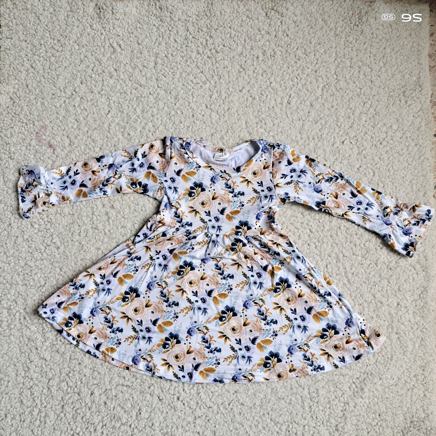 10.4 RTS NO MOQ（In stock）G3-12-1/.Baby Girls Winter Dress Yellow blue floral white long-sleeved dress