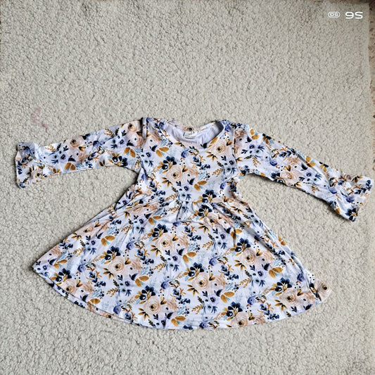 10.4 RTS NO MOQ（In stock）G3-12-1/.Baby Girls Winter Dress Yellow blue floral white long-sleeved dress