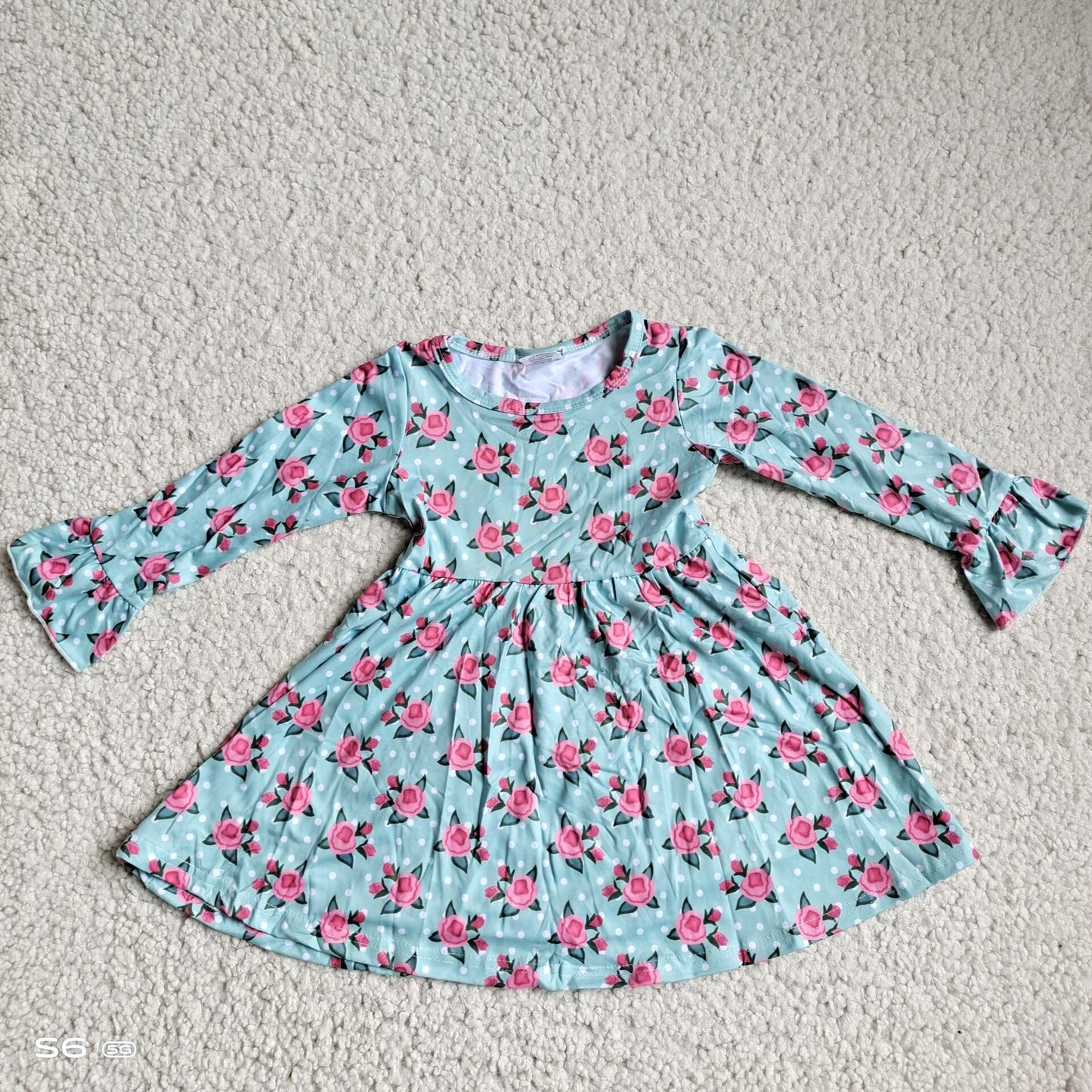 9.29 RTS NO MOQ（In stock）G3-12-1*/. Baby Girls Winter Dress Pink long-sleeved dress with small roses and white dots