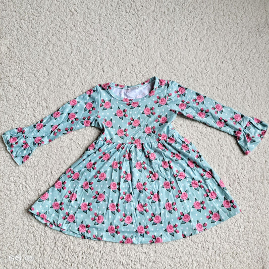 9.29 RTS NO MOQ（In stock）G3-12-1*/. Baby Girls Winter Dress Pink long-sleeved dress with small roses and white dots