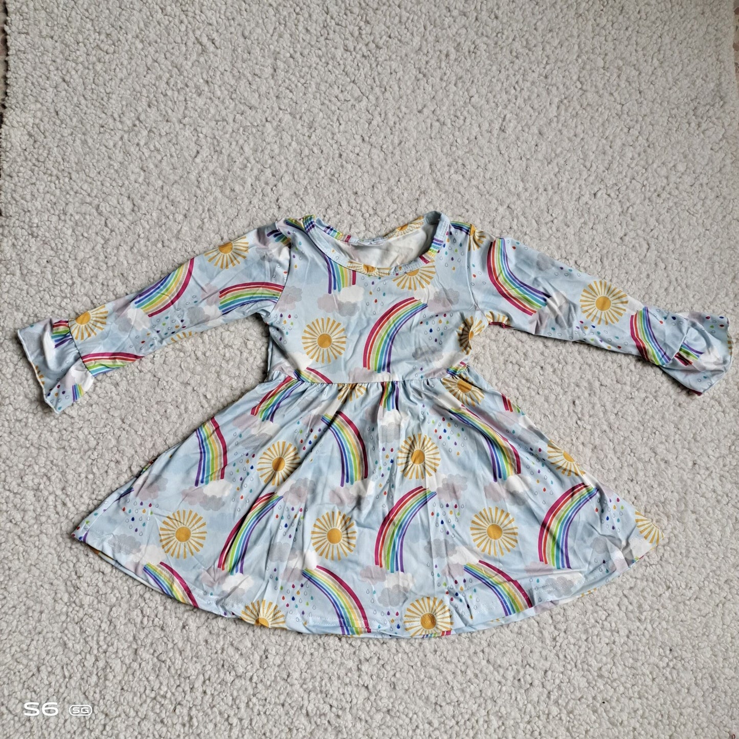 10.4 RTS NO MOQ（In stock）G3-12-2. Baby Girls Winter Dress Rainbow Sunshower Long Sleeve Dress