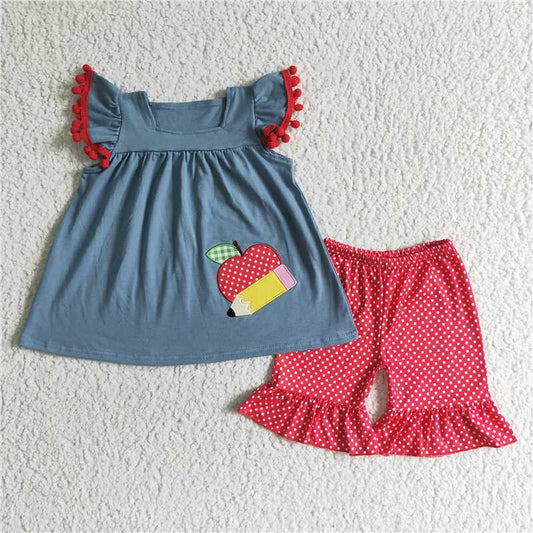GSSO0120 Apple pencil embroidery girls back to school clothing set
