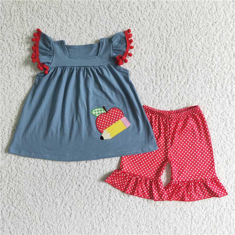 12.29 RTS NO MOQ （In stock）GSSO0120 children apple back to school shorts sets