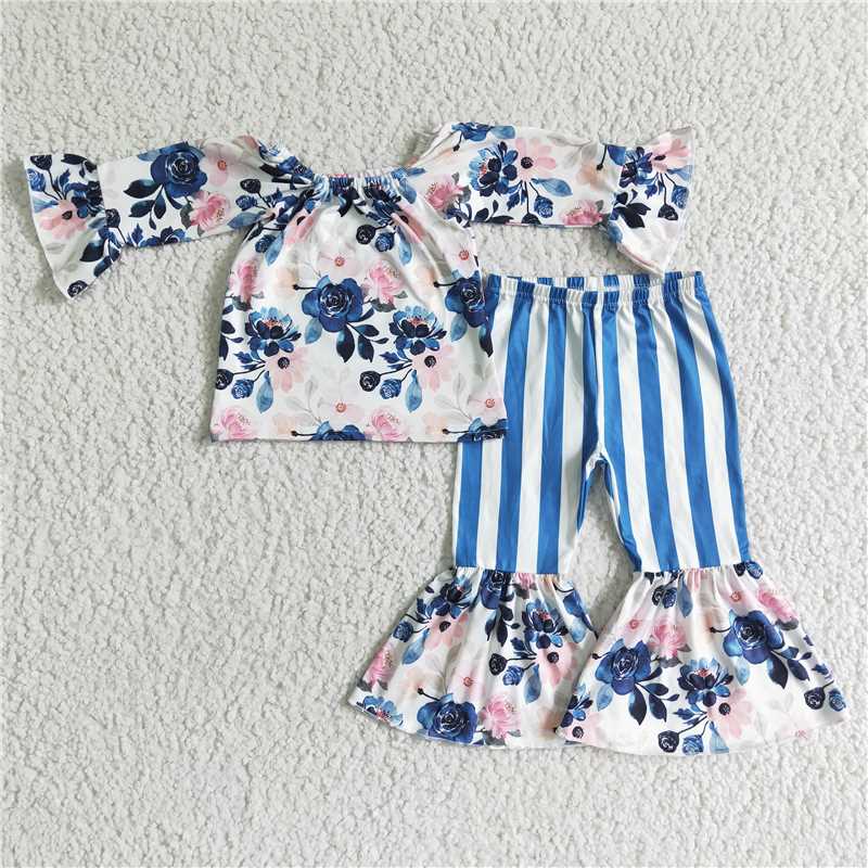 GLP0004Blue floral top stripe pants girls clothing set