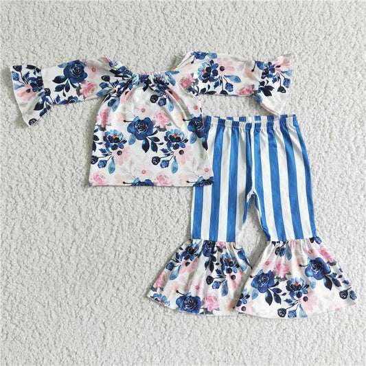 GLP0004Blue floral top stripe pants girls clothing set