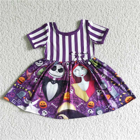 GSD0108  Purple stripe skull kids girls Halloween twirl dresses