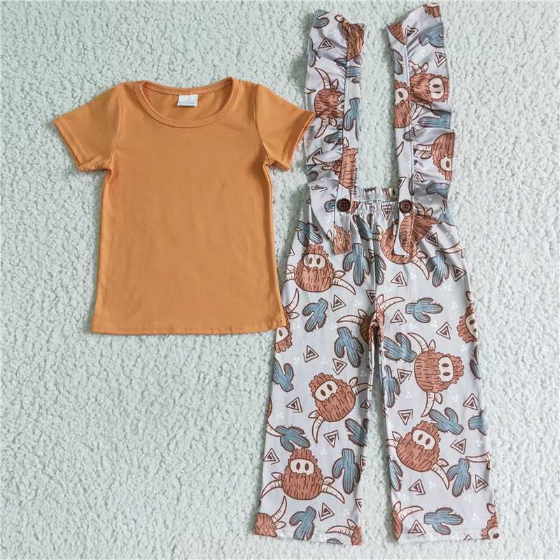 GSPO0096  Baby girls highland cow suspender pants outfits
