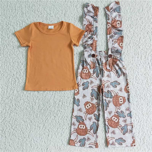 GSPO0096  Baby girls highland cow suspender pants outfits