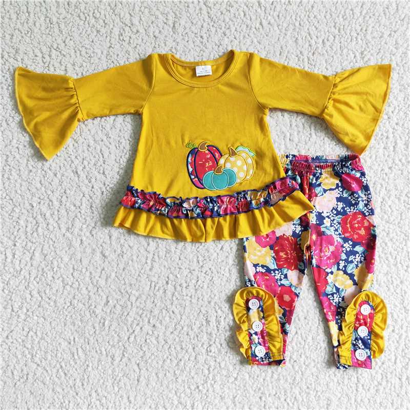 GLP0006Pumpkin embroidery floral leggings girls fall outfits