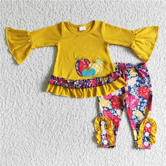GLP0006Pumpkin embroidery floral leggings girls fall outfits