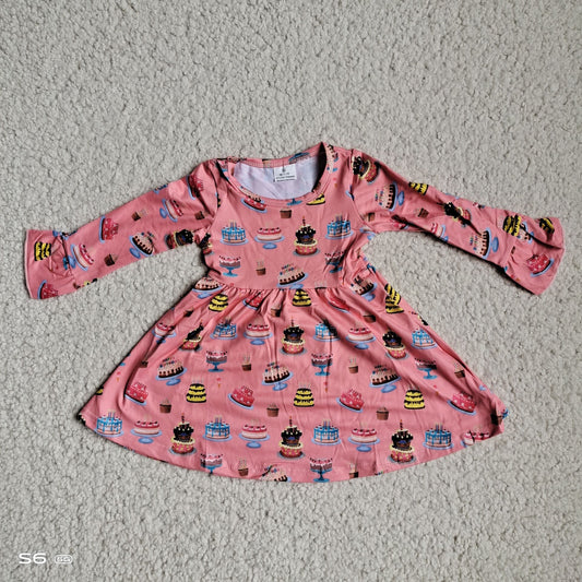 9.25 RTS NO MOQ（In stock） G4-12-2= Baby Girls Winter Dress Colorful Cake Pink Long Sleeve Dress