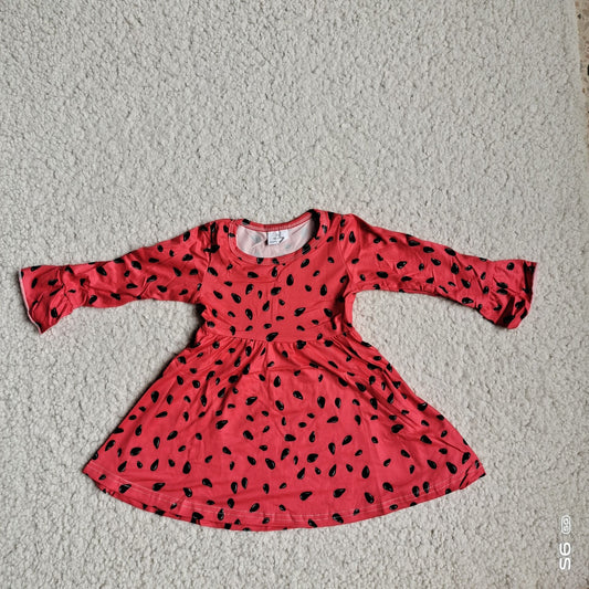 9.24 RTS NO MOQ（In stock）G4-12-2[ Baby Girls Winter Dress Watermelon Seed Red Flared Long Sleeve Dress