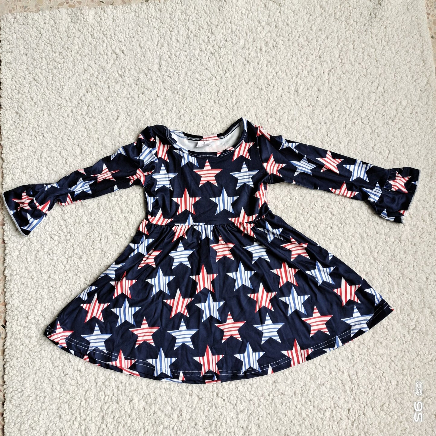 9.27 RTS NO MOQ（In stock）G4-12-2, Baby Girls Winter Dress Black long-sleeved dress with red and blue stripes and stars