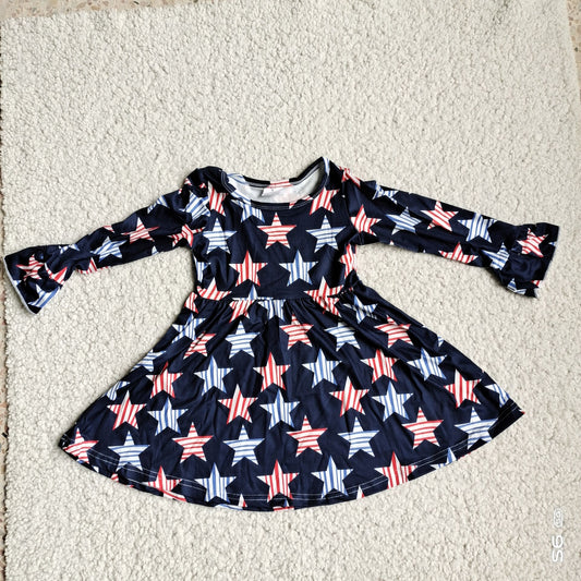 9.27 RTS NO MOQ（In stock）G4-12-2, Baby Girls Winter Dress Black long-sleeved dress with red and blue stripes and stars