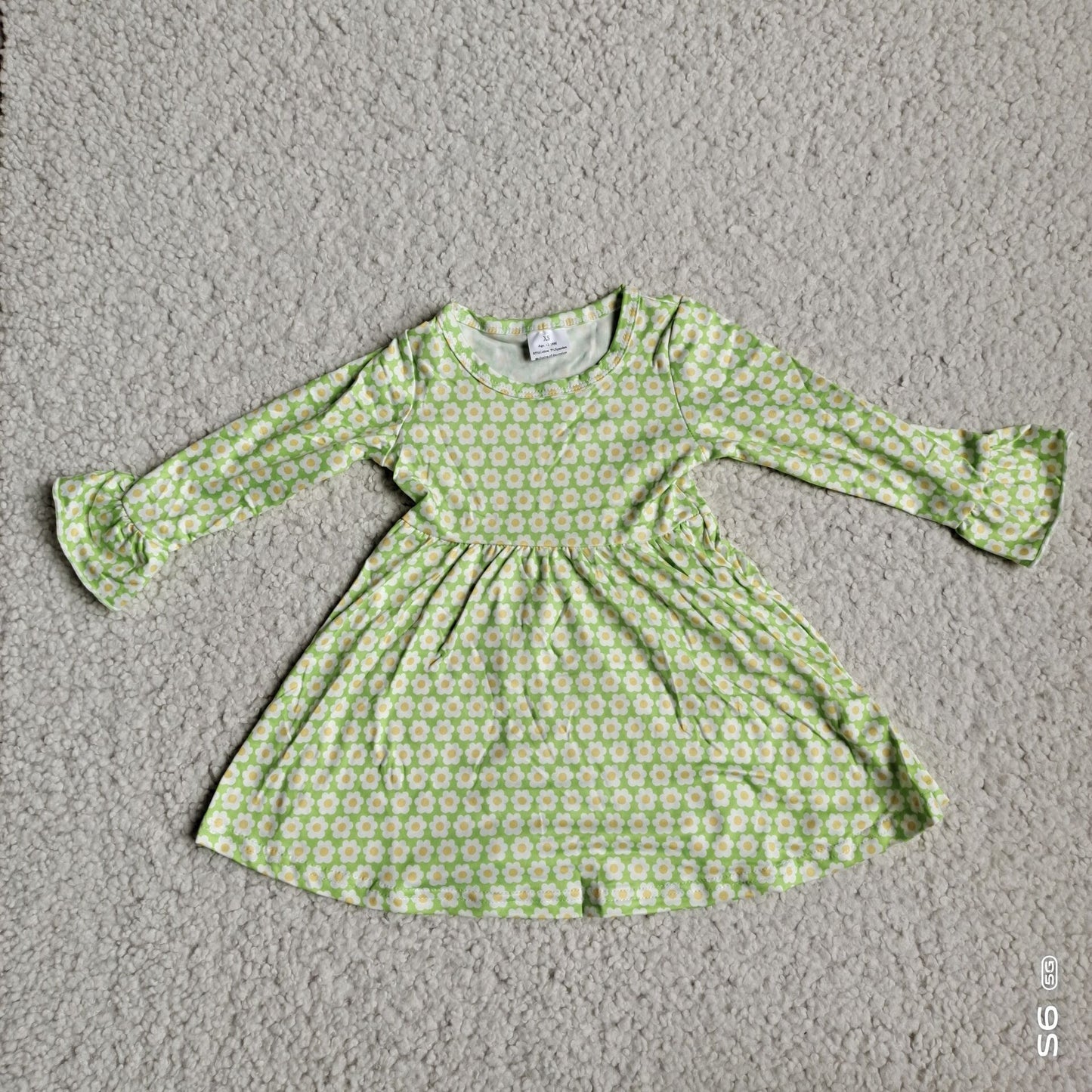 9.27 RTS NO MOQ（In stock）G4-12-3/ Baby Girls Winter Dress Green long-sleeved dress with small white flowers