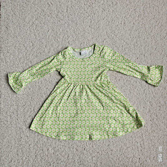9.27 RTS NO MOQ（In stock）G4-12-3/ Baby Girls Winter Dress Green long-sleeved dress with small white flowers
