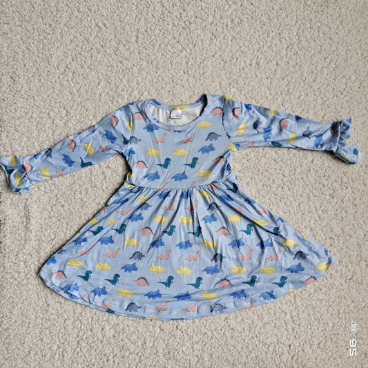 10.2 RTS NO MOQ（In stock）G4-12-3* Baby Girls Winter Dress Colorful Dinosaur Misty Blue Long Sleeve Dress