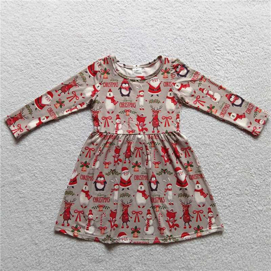 9.25 RTS NO MOQ（In stock）G3-24* Baby Girls Winter Dress Christmas Animal Grey Long Sleeve Dress