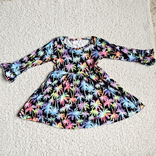 10.1 RTS NO MOQ（In stock）G2-16-3/ Baby Girls Winter Dress Colorful coconut tree black flared long-sleeved dress