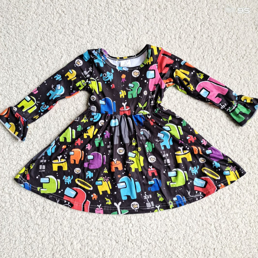 10.1 RTS NO MOQ（In stock）G2-16-3[ Baby Girls Winter Dress Little Robot White Dot Black Long Sleeve Dress