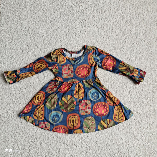 9.25 RTS NO MOQ（In stock）G3-8-2/ Baby Girls Winter Dress Orange-green square leaf dark blue long-sleeved dress