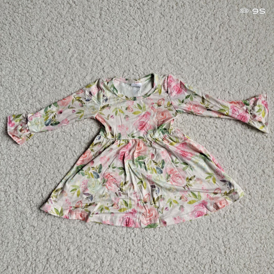 10.1 RTS NO MOQ（In stock）G3-8-2' Baby Girls Winter Dress Pink and orange rose and green leaf long-sleeved dress
