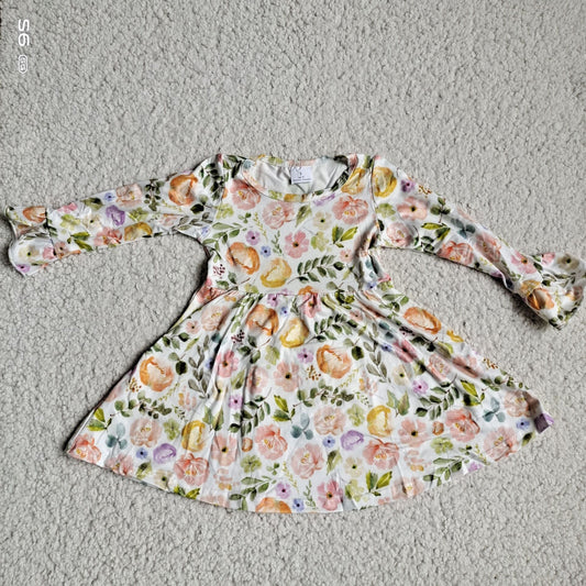 10.1 RTS NO MOQ（In stock）G3-8-2.'* Baby Girls Winter Dress Light yellow flower and green leaf long-sleeved dress