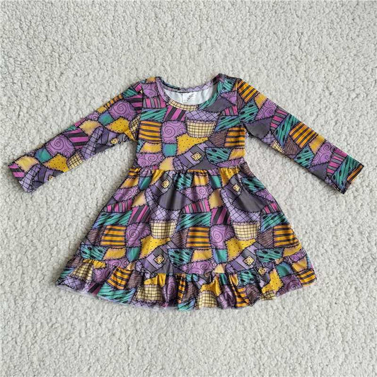 10.1 RTS NO MOQ（In stock）G3-4-1*. Baby Girls Winter Dress Purple and yellow patch long-sleeved dress