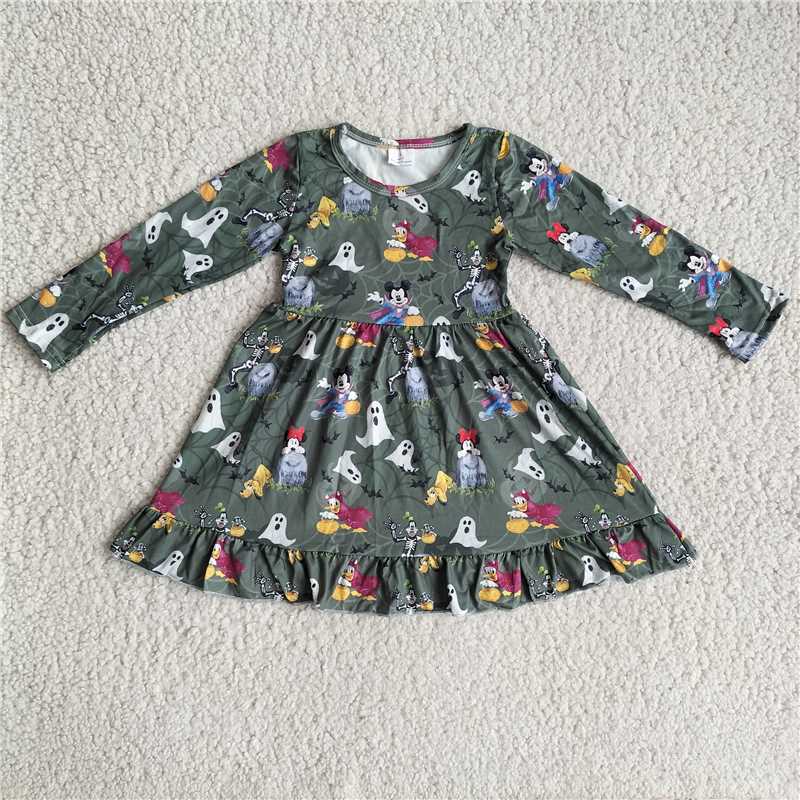 9.25 RTS NO MOQ（In stock）G3-4-1*/ Baby Girls Winter Dress Ghost dark green long-sleeved dress