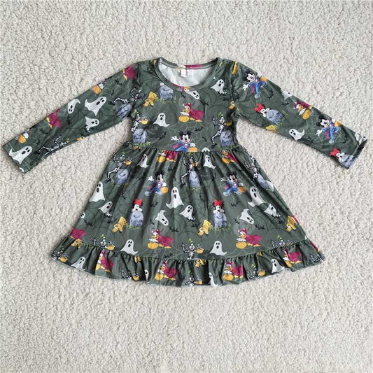 9.25 RTS NO MOQ（In stock）G3-4-1*/ Baby Girls Winter Dress Ghost dark green long-sleeved dress