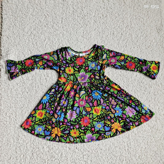 10.1 RTS NO MOQ（In stock）G3-4-1;. Baby Girls Winter Dress Colorful flower and green leaf long-sleeved dress